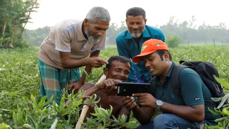 Farmers in a green field looking together at a tablet