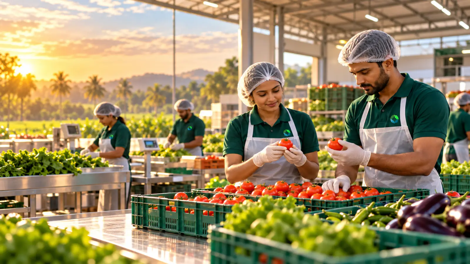 Workers in green uniforms and hairnets sorting fresh tomatoes and vegetables in a sunlit facility at golden hour
