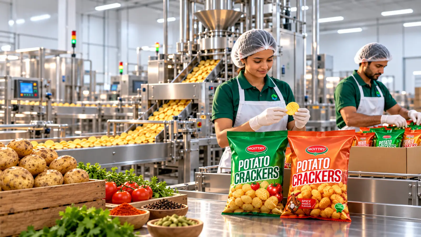 Workers in hairnets beside a hygienic potato cracker production line with packs of Moittry Potato Crackers